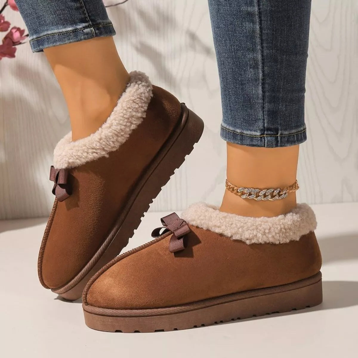 Pantuflas Forradas de Peluche Suaves con Lazo