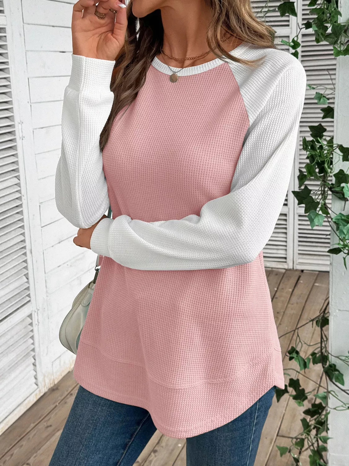 Camiseta de punto gofre con manga raglán