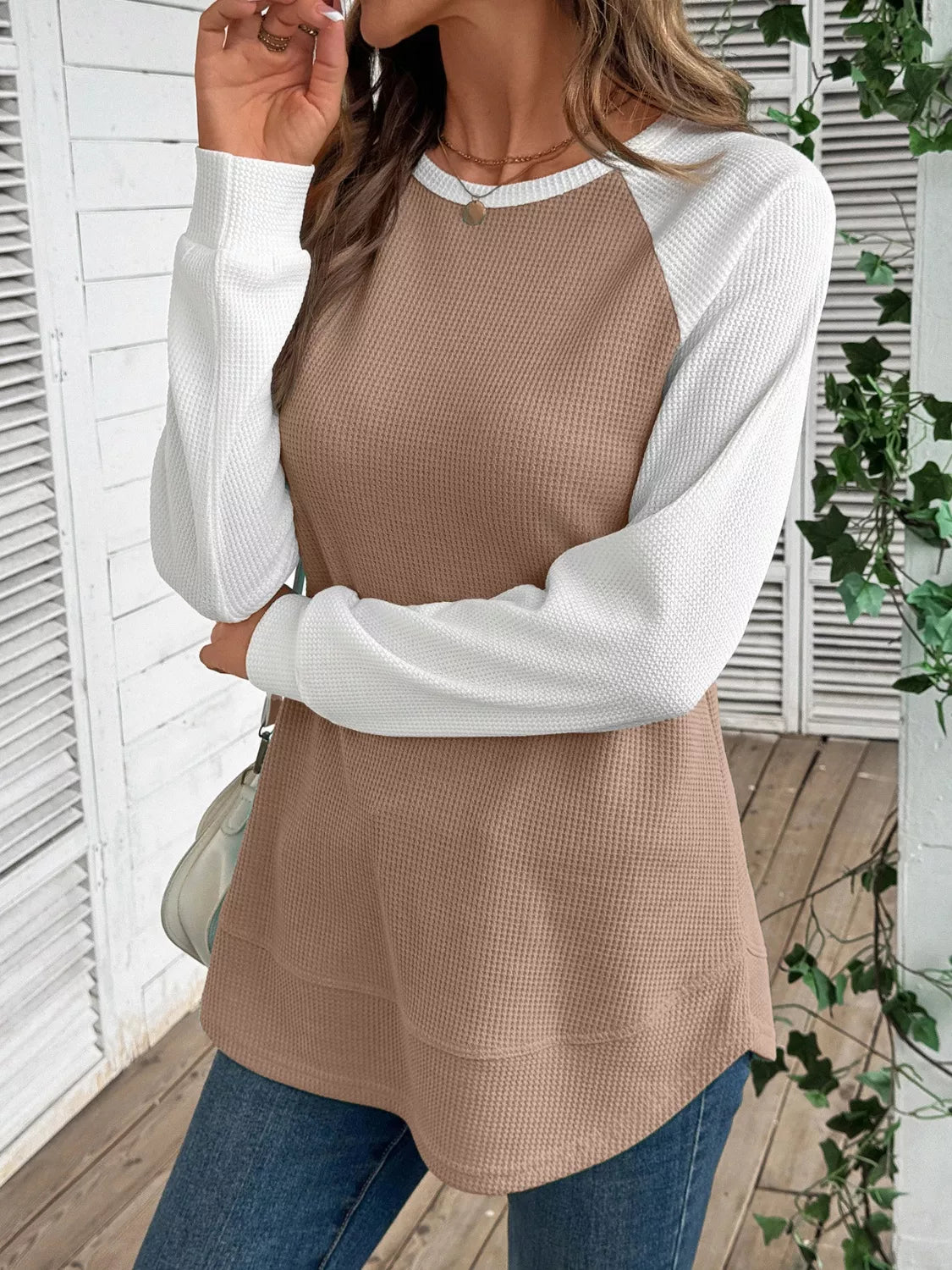 Camiseta de punto gofre con manga raglán