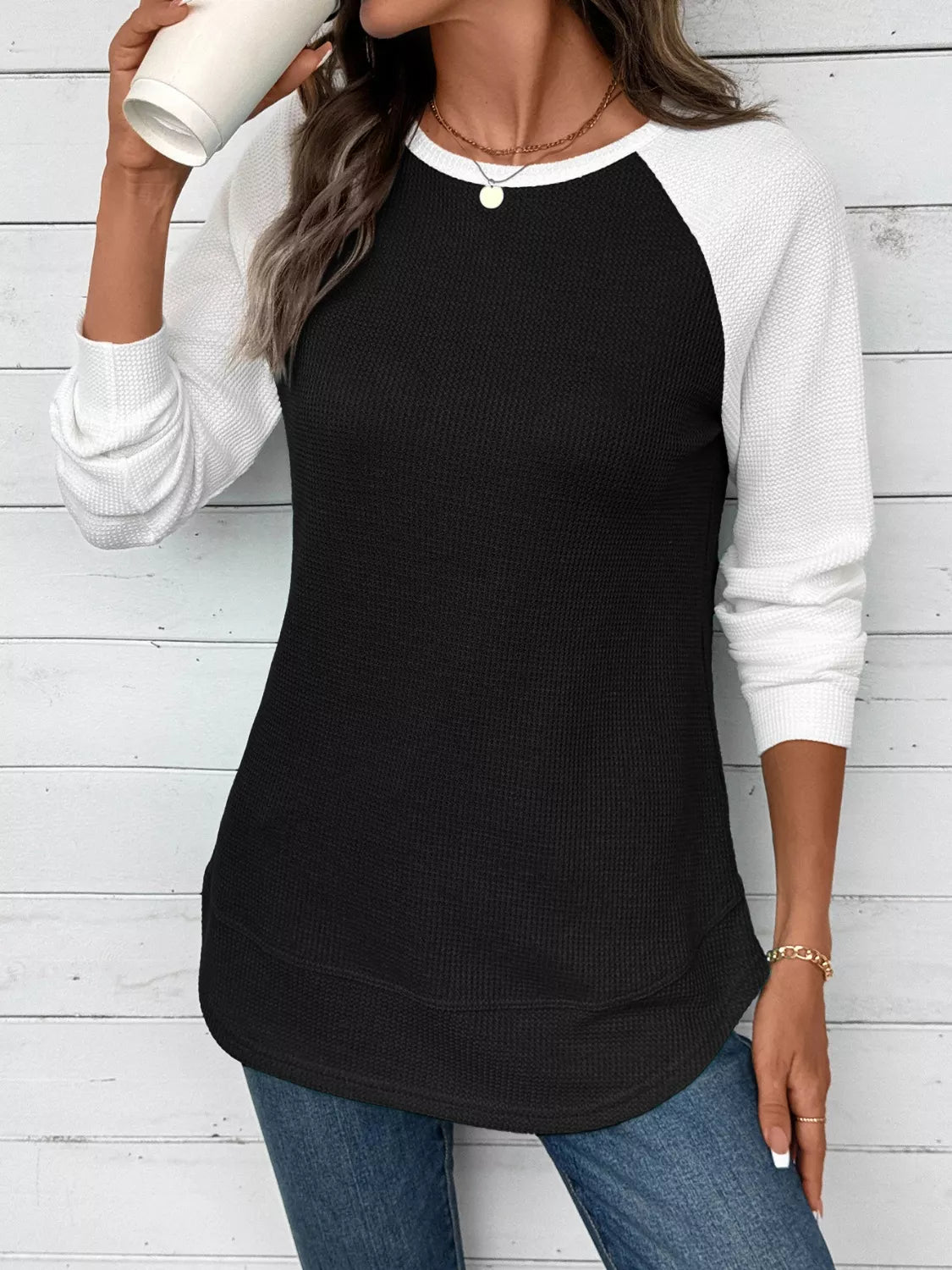 Camiseta de punto gofre con manga raglán