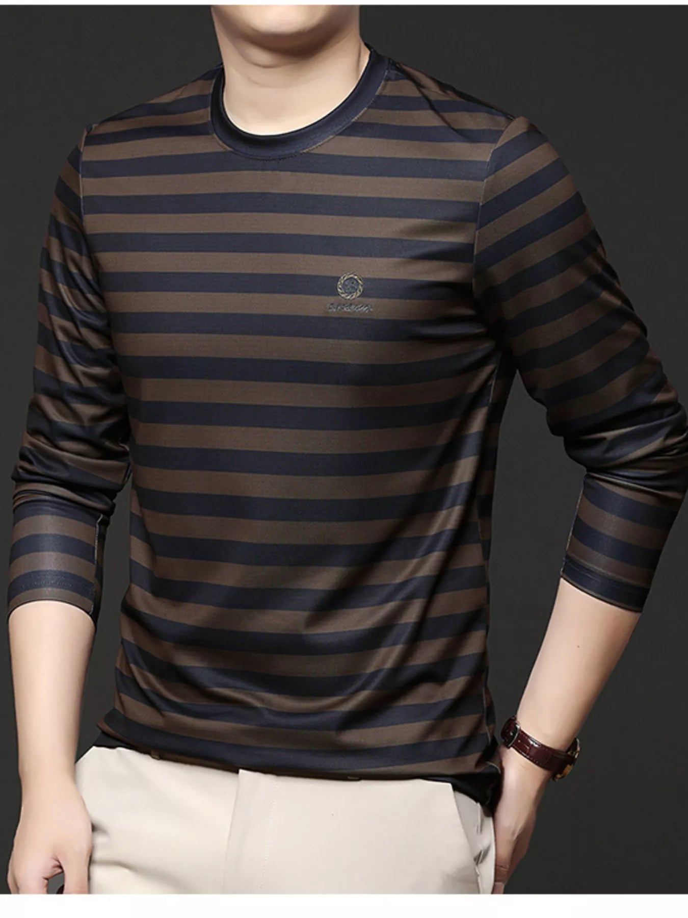 Camiseta de Manga Larga a Rayas Gruesa y Cálida de Talla Grande para Hombre