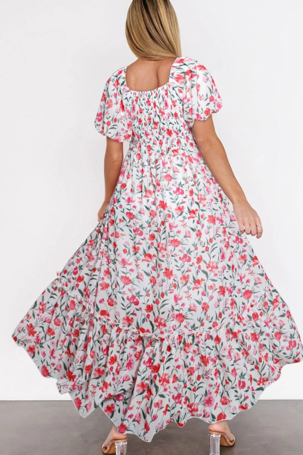 Floral Short Puff Sleeve Tiered Dress