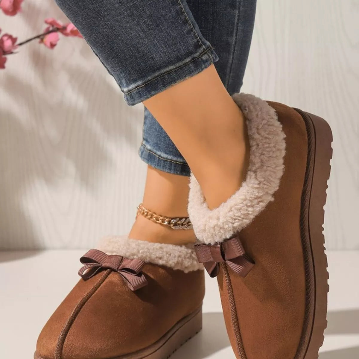 Pantuflas Forradas de Peluche Suaves con Lazo