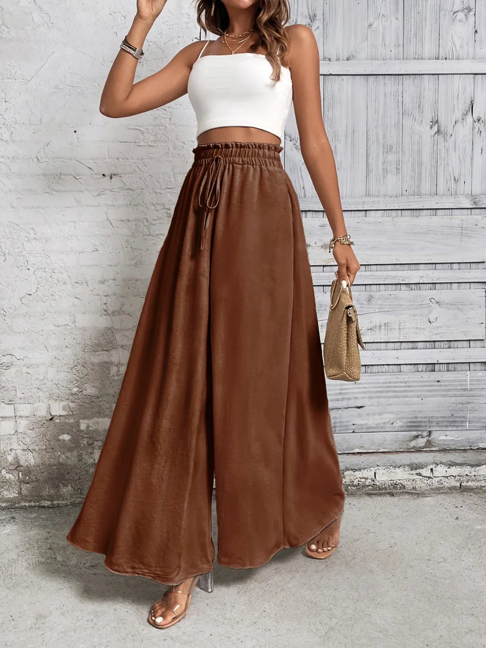 Pantalones anchos de cintura alta con lazo de miel
