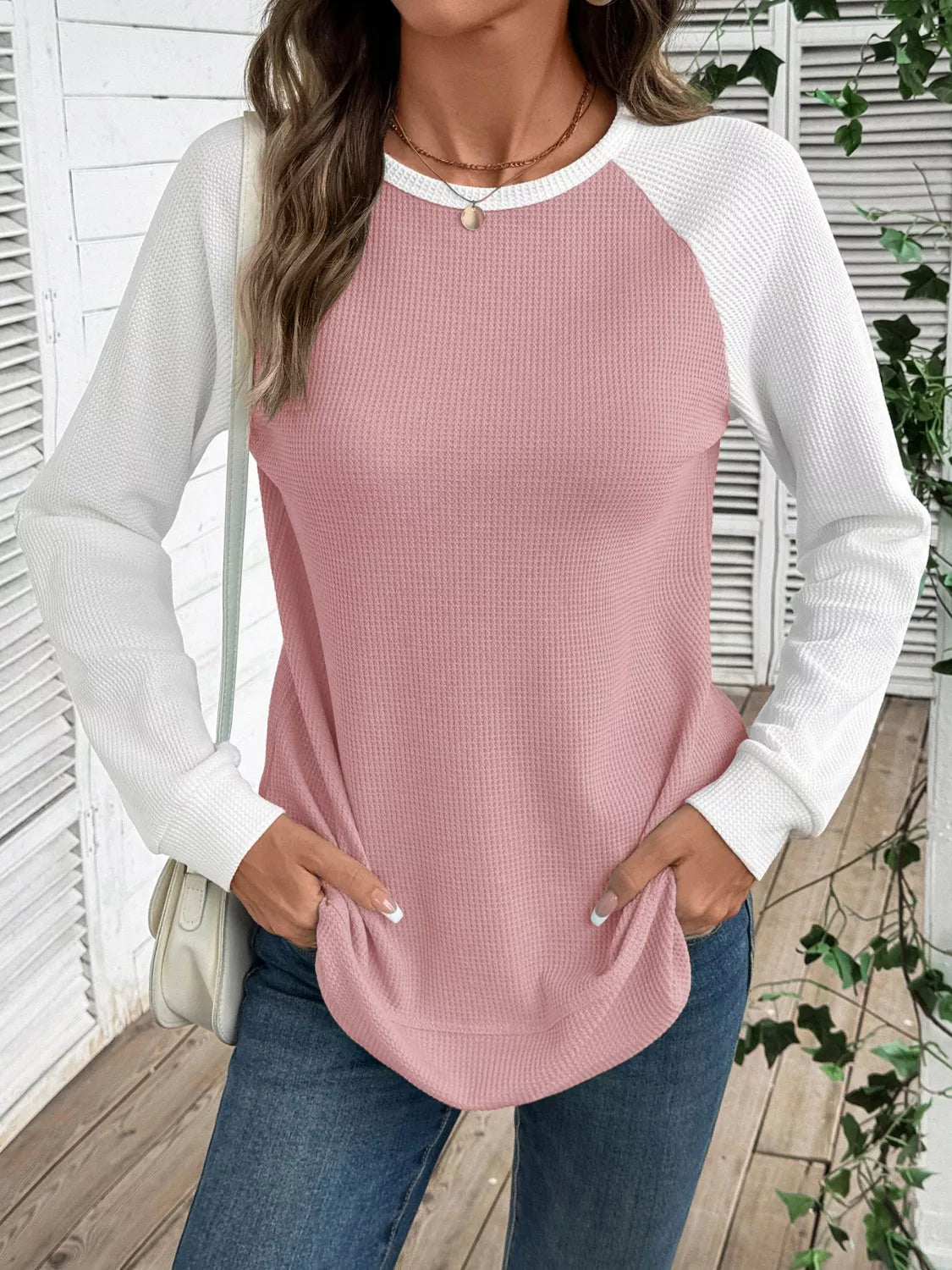 Camiseta de punto gofre con manga raglán