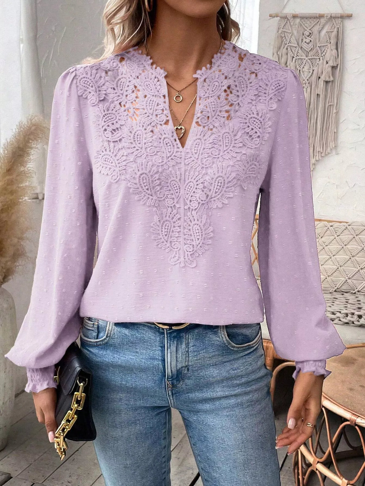 Lace Trim Long Sleeve Blouse