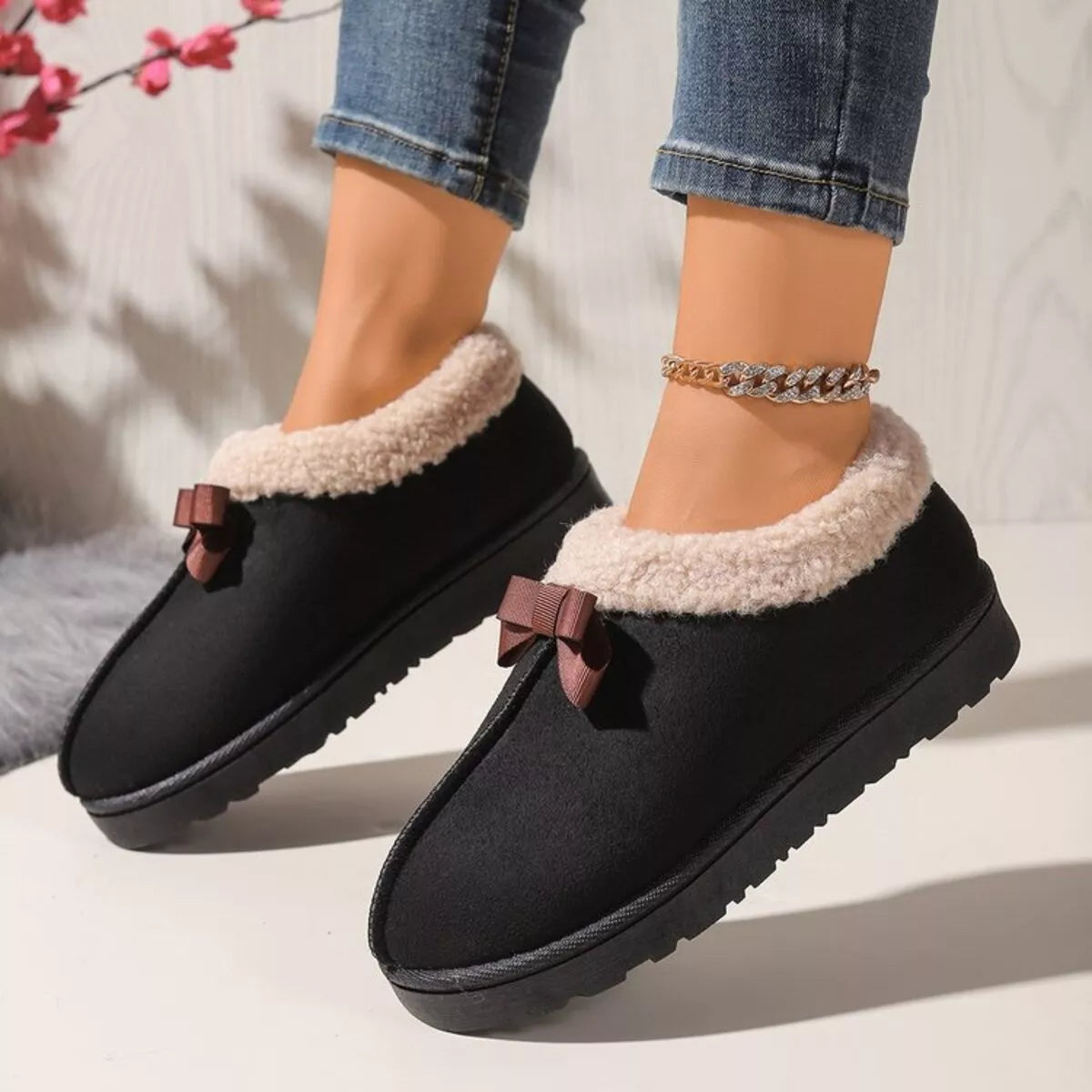 Pantuflas Forradas de Peluche Suaves con Lazo