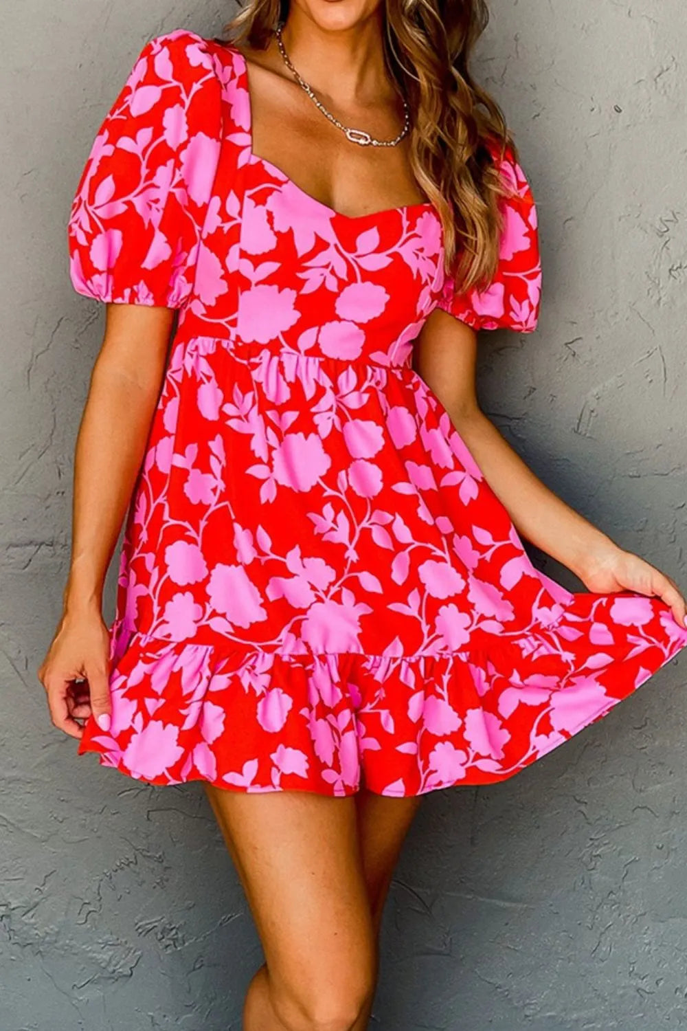 Floral Puff Sleeve Sweetheart Neck Ruffled Mini Dress