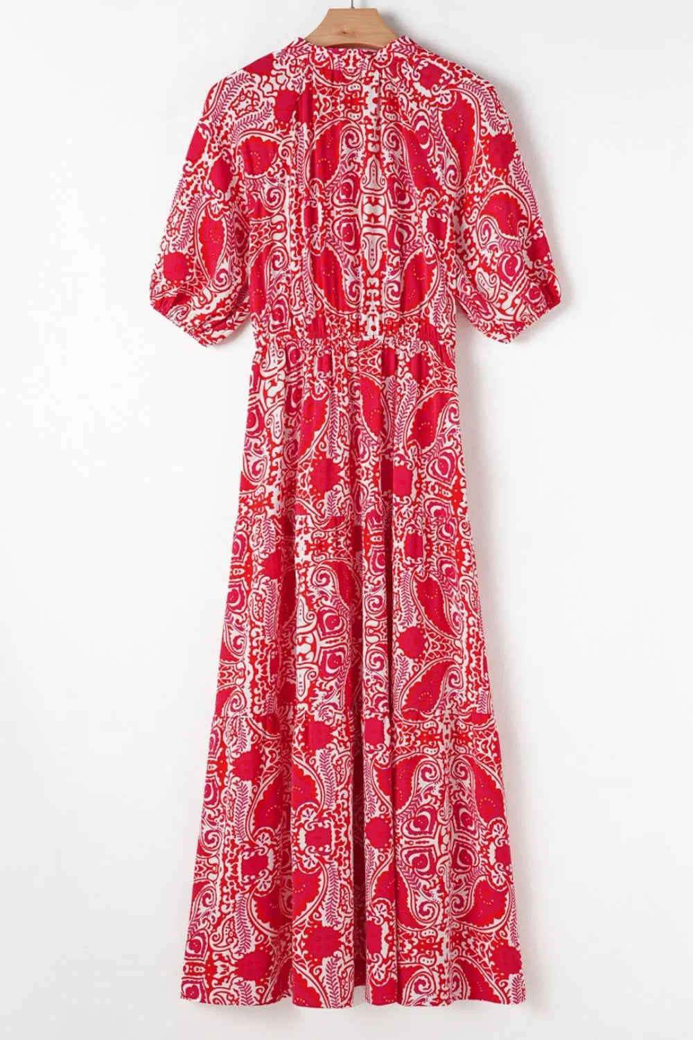 Vestido largo de cintura alta con mangas abullonadas y abertura lateral con estampado de cachemira
