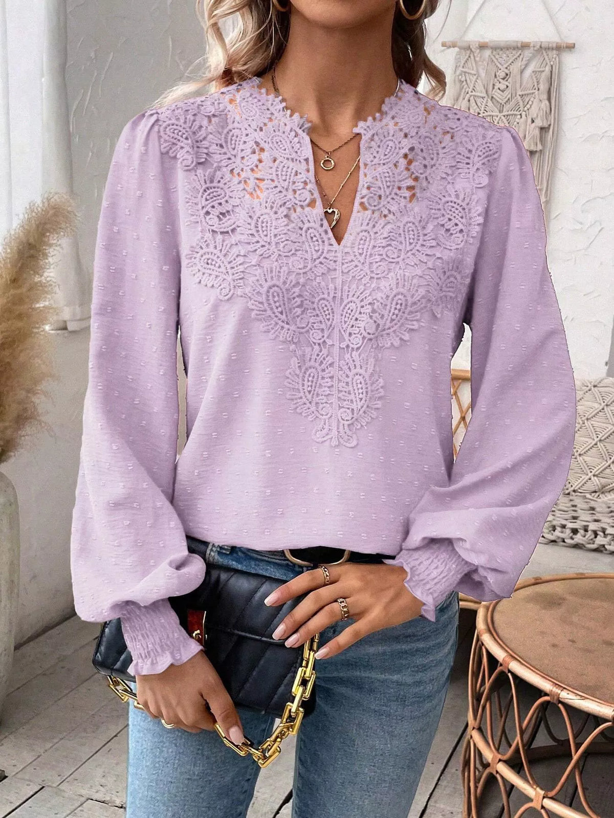Lace Trim Long Sleeve Blouse