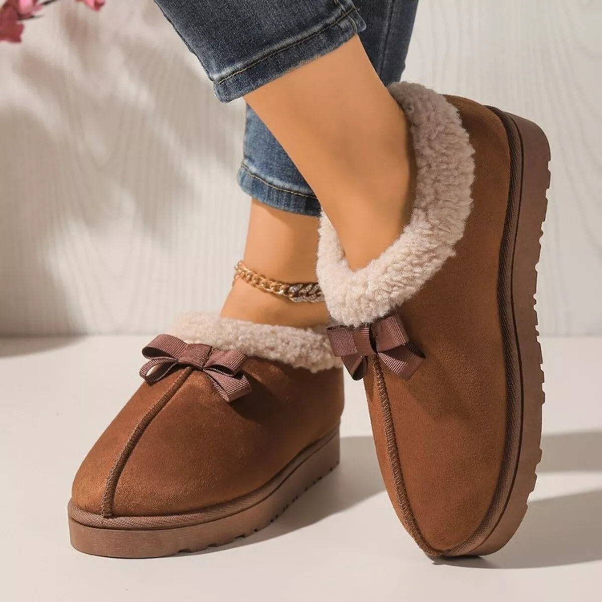 Pantuflas Forradas de Peluche Suaves con Lazo