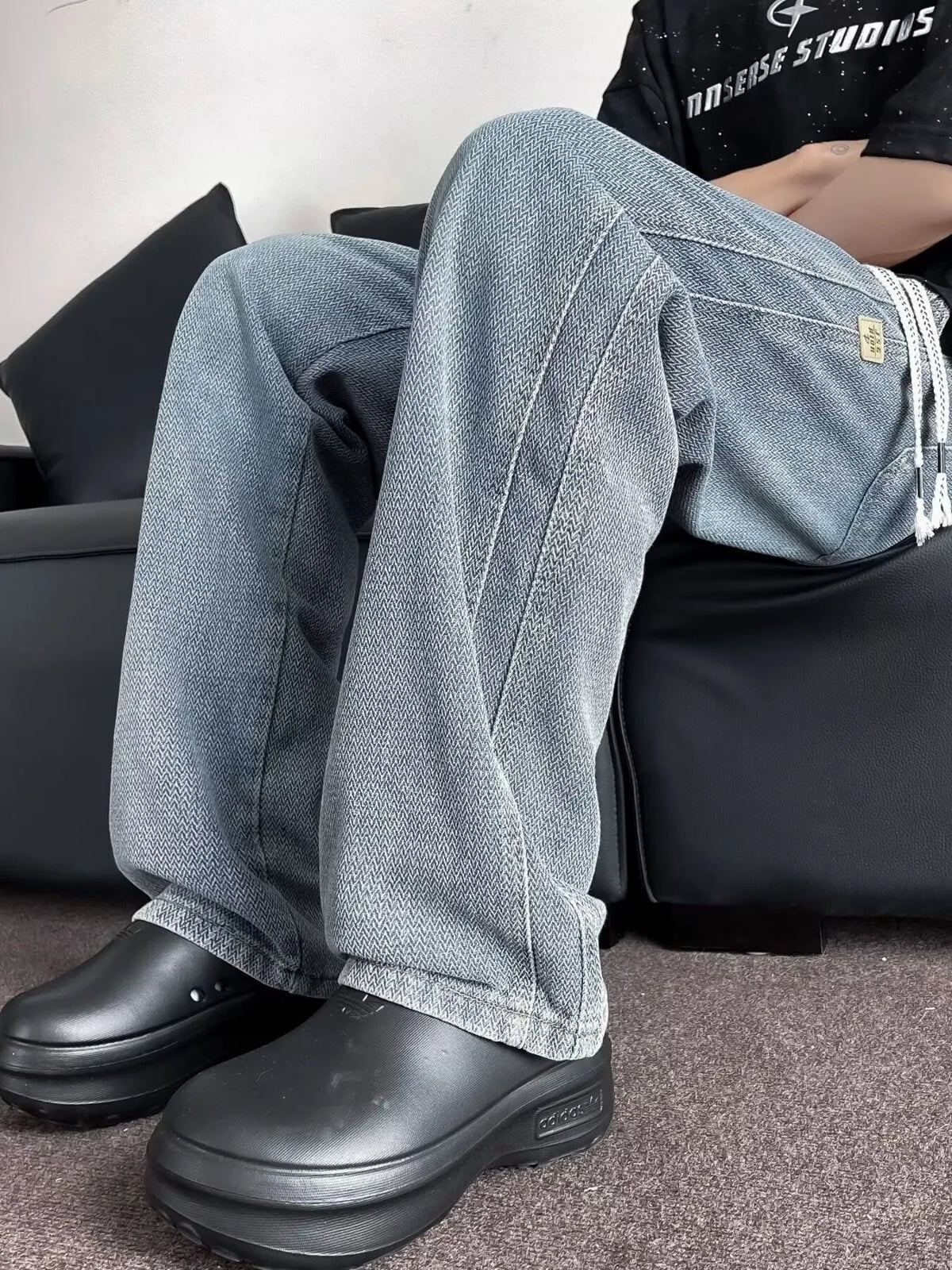 Pantalones Anchos de Mezclilla Lavados con Cordón para Hombre Talla Grande