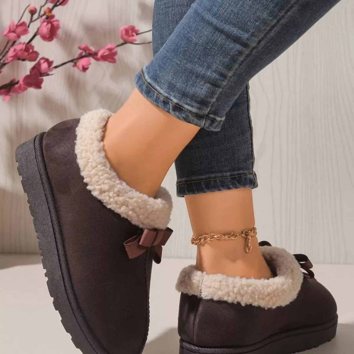 Pantuflas Forradas de Peluche Suaves con Lazo