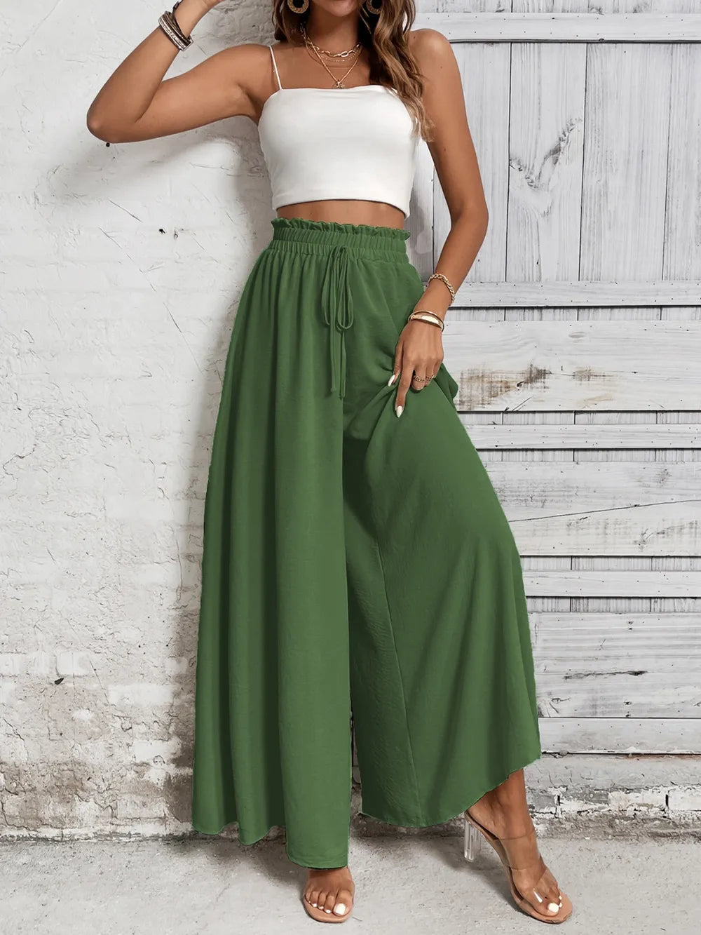 Pantalones anchos de cintura alta con lazo de miel
