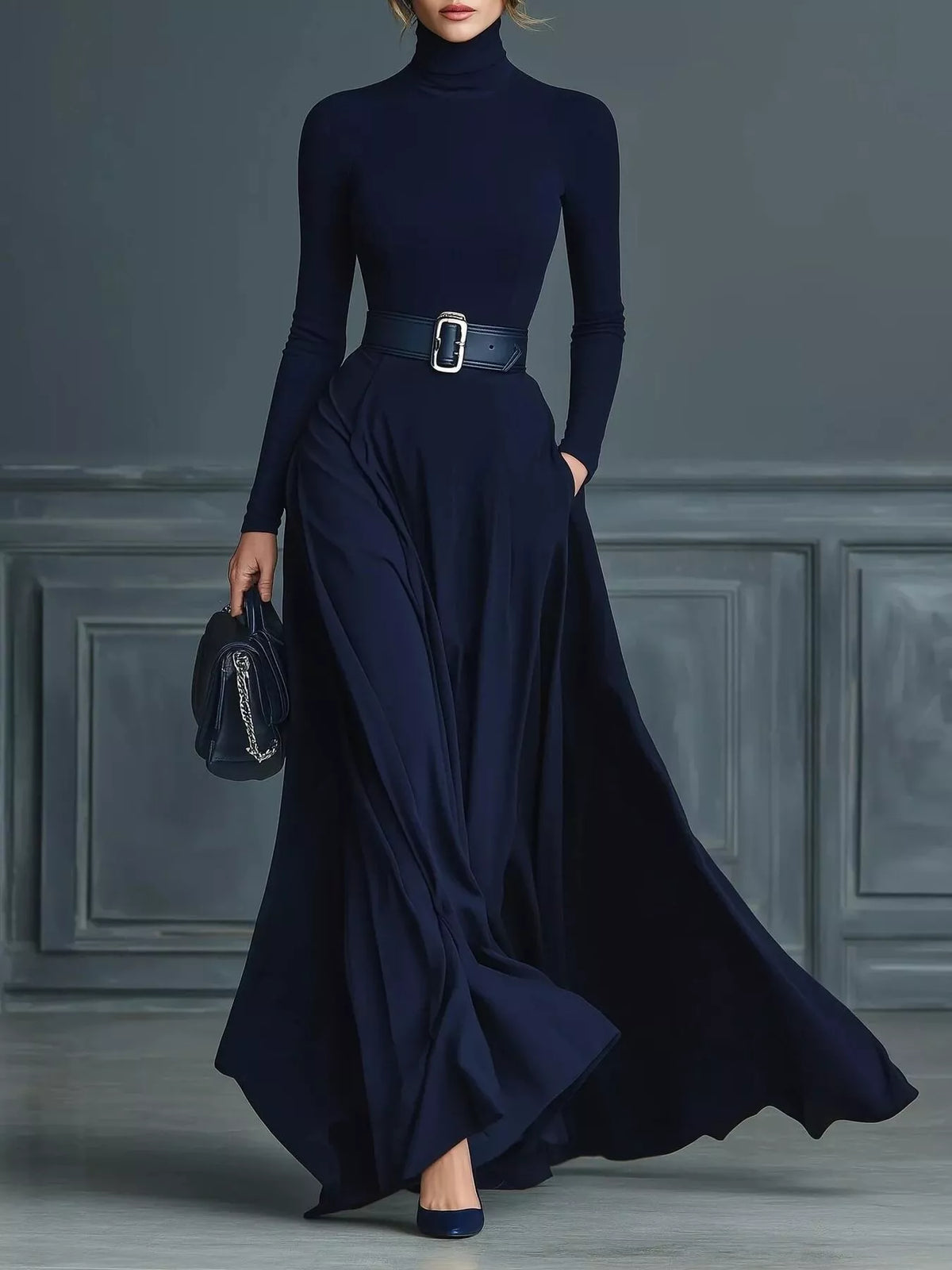 Vestido maxi de manga larga con cuello alto