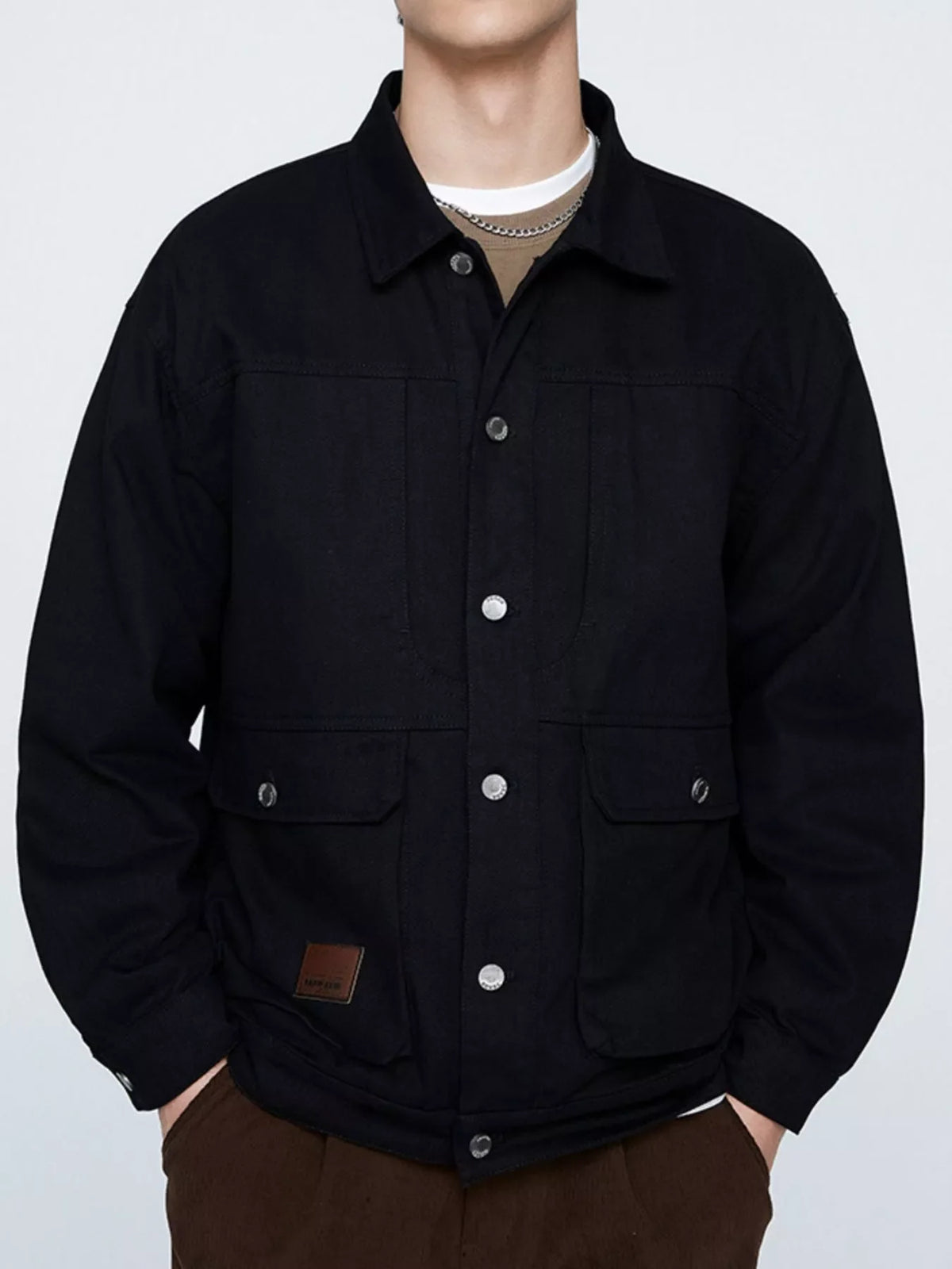 Chaqueta de manga larga con botones, talla grande para hombre