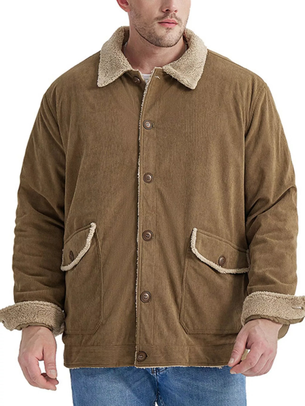 Chaqueta con botones de pana y forro Sherpa para hombre