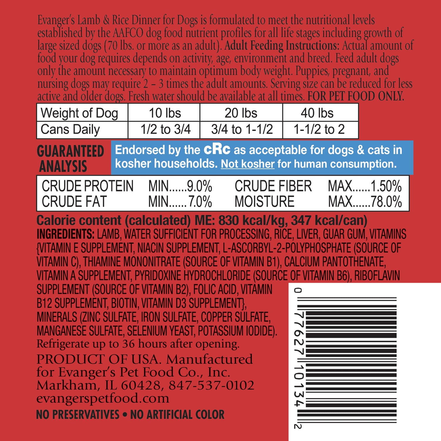 Comida húmeda Evanger's Classic All Life Stages con cordero y arroz para perros (12.5 oz)