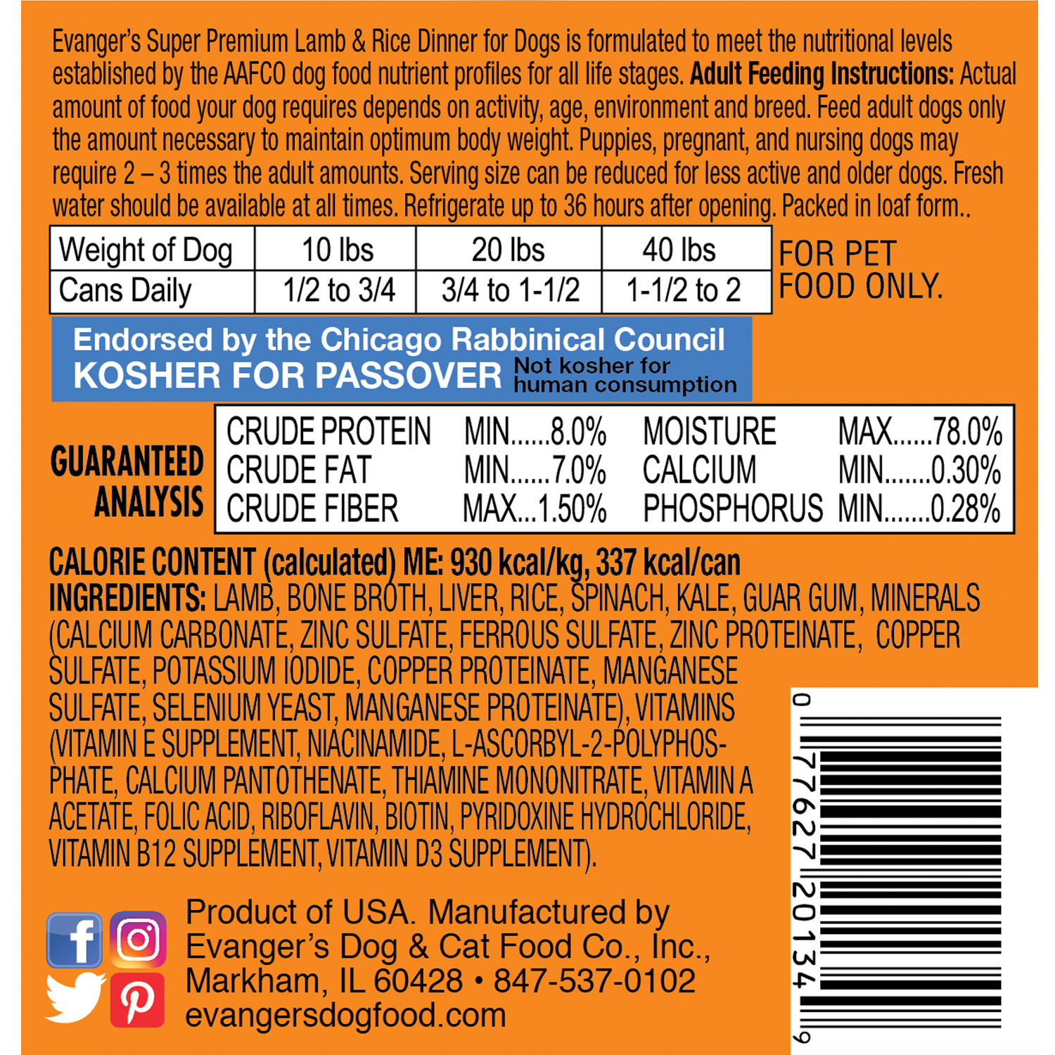 Comida húmeda Evanger's Super Premium para perros, con cordero y arroz para todas las etapas de la vida (340 g)