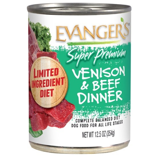 Evanger's Super Premium All Life Stages - Cena de venado y res, ingredientes limitados, lata húmeda para perros (12.5 oz)