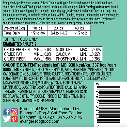Evanger's Super Premium All Life Stages - Cena de venado y res, ingredientes limitados, lata húmeda para perros (12.5 oz)
