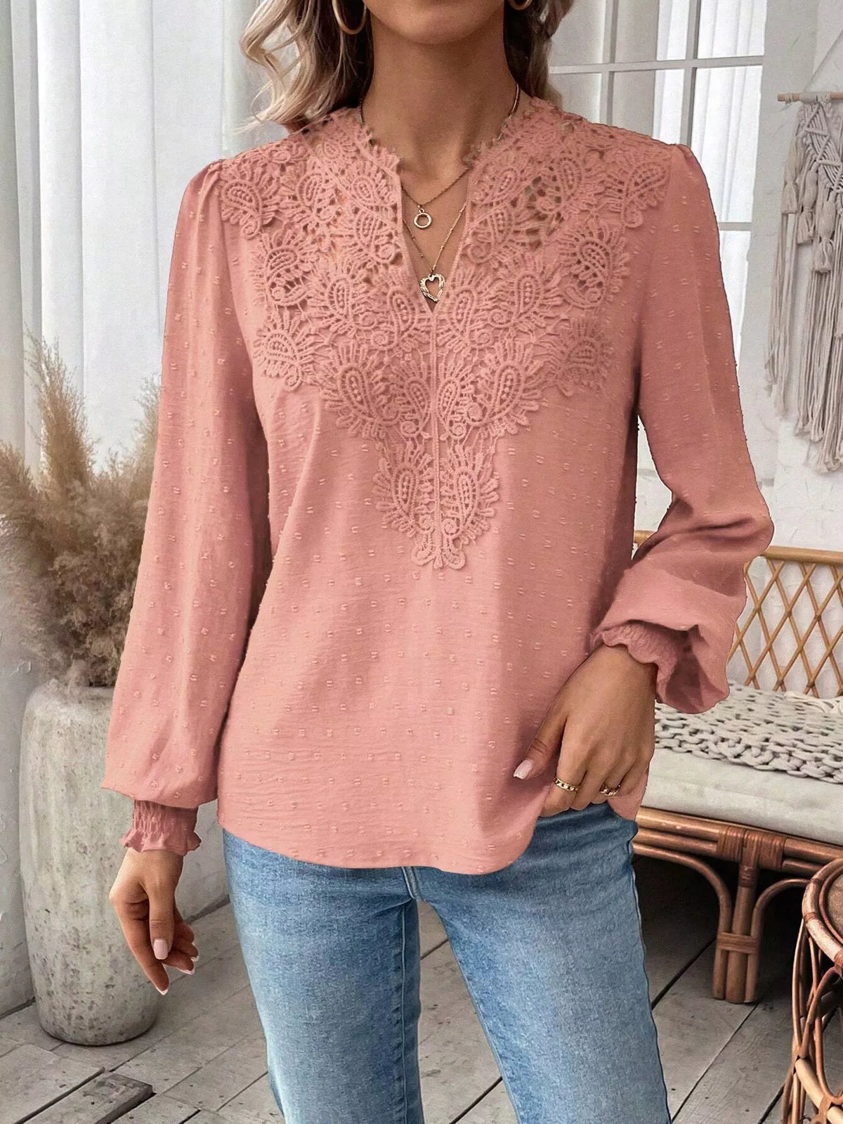 Lace Trim Long Sleeve Blouse