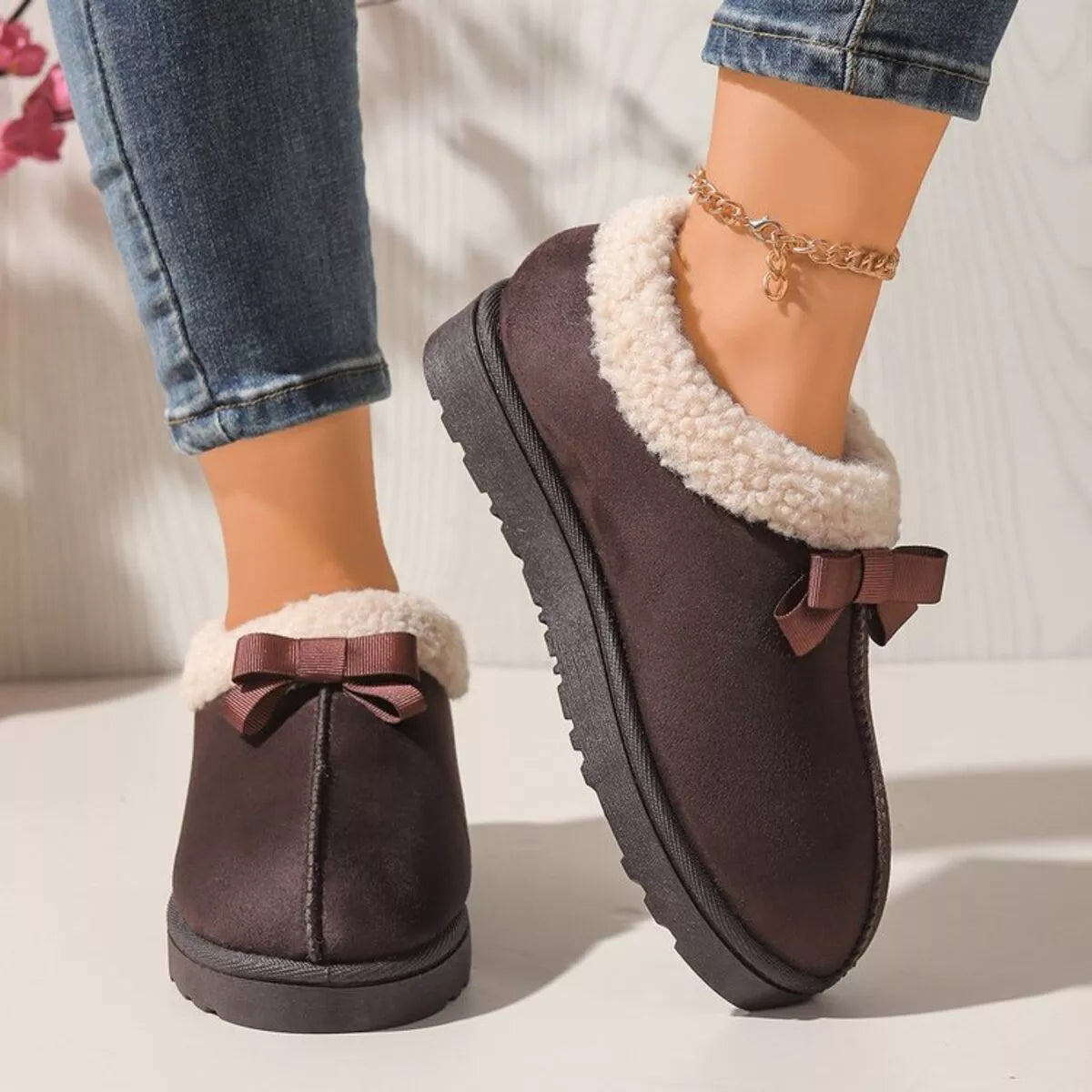 Pantuflas Forradas de Peluche Suaves con Lazo