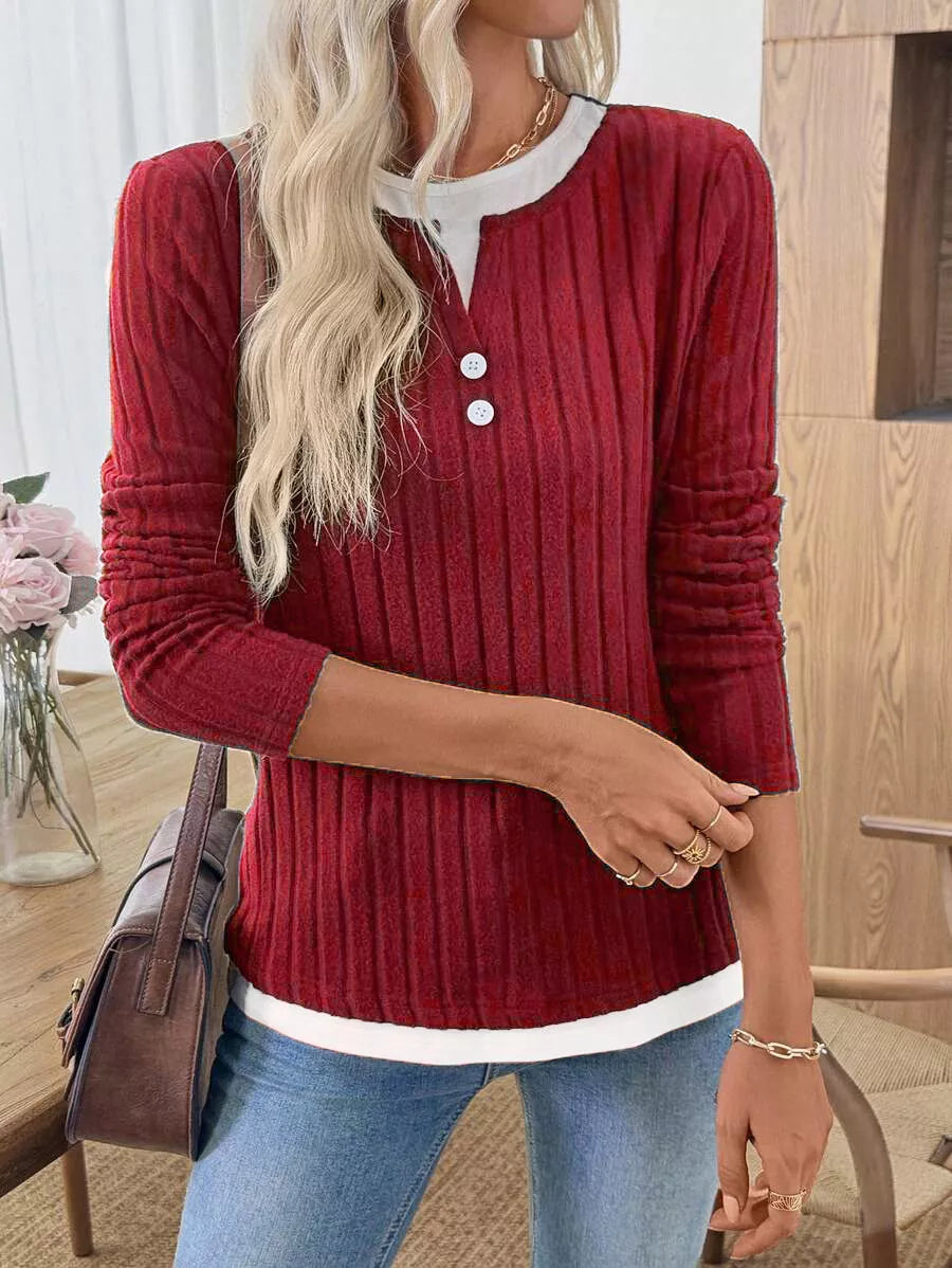 Camiseta Henley de manga larga de punto acanalado
