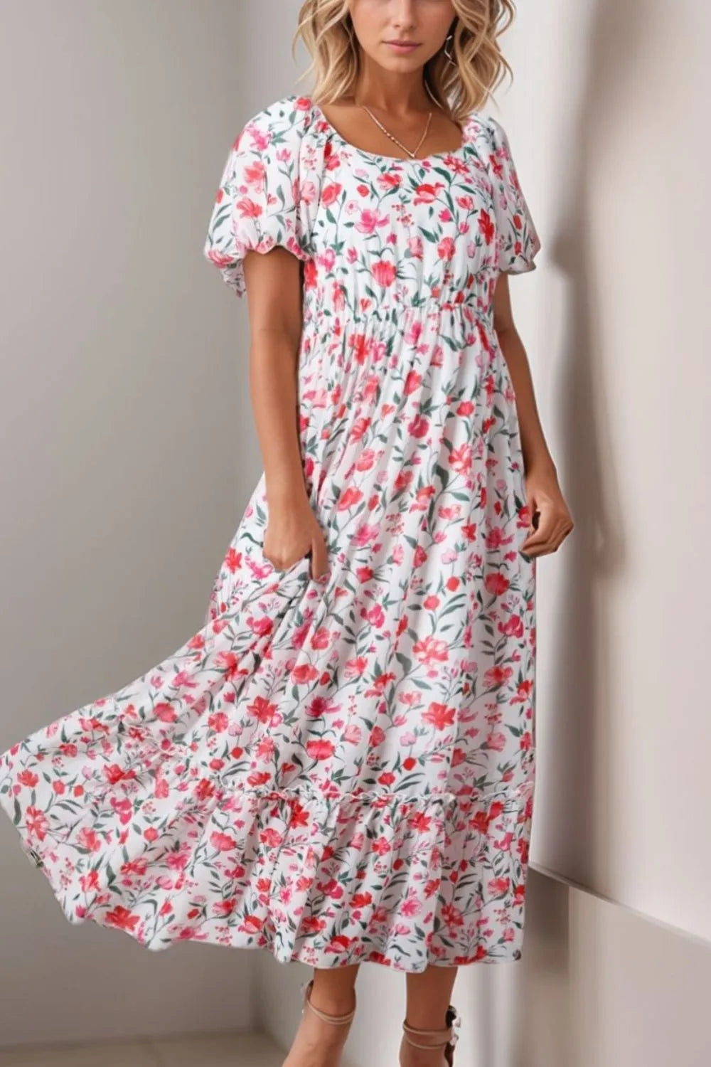 Floral Short Puff Sleeve Tiered Dress