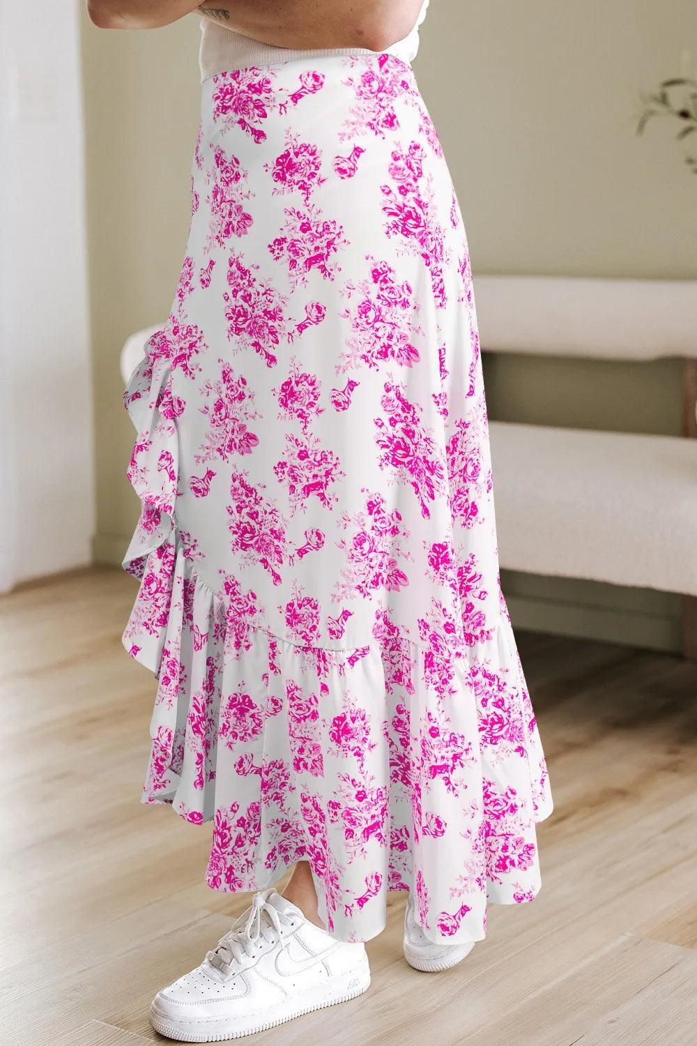 Boho Floral High Waist Ruffle Split Maxi Skirt