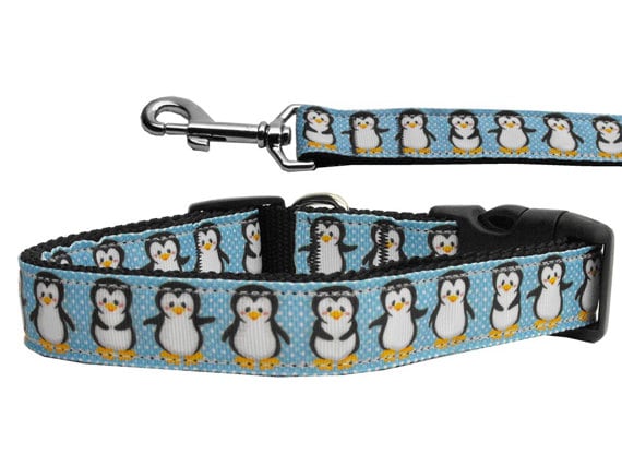Collar o correa de nailon navideño para perros y gatos, "Pingüinos"