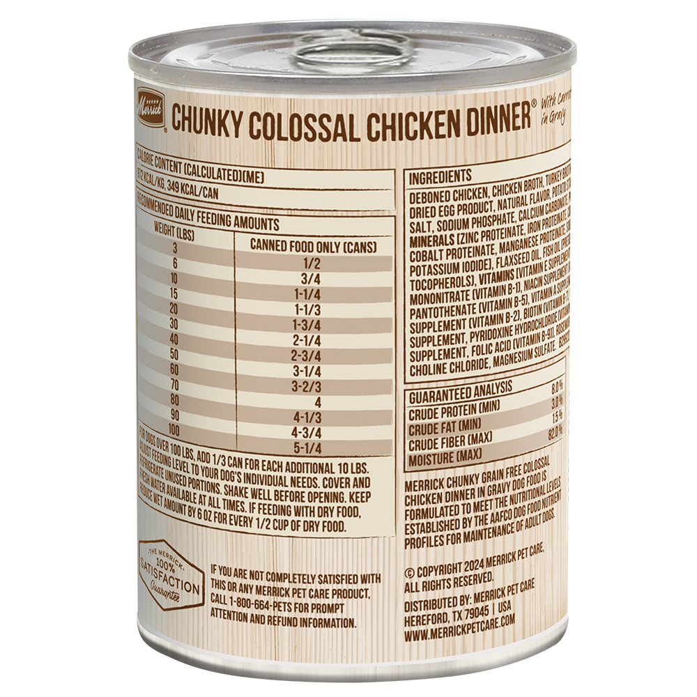 Merrick Alimento húmedo para perro sin cereales Chunky Colossal Chicken (12.7oz)