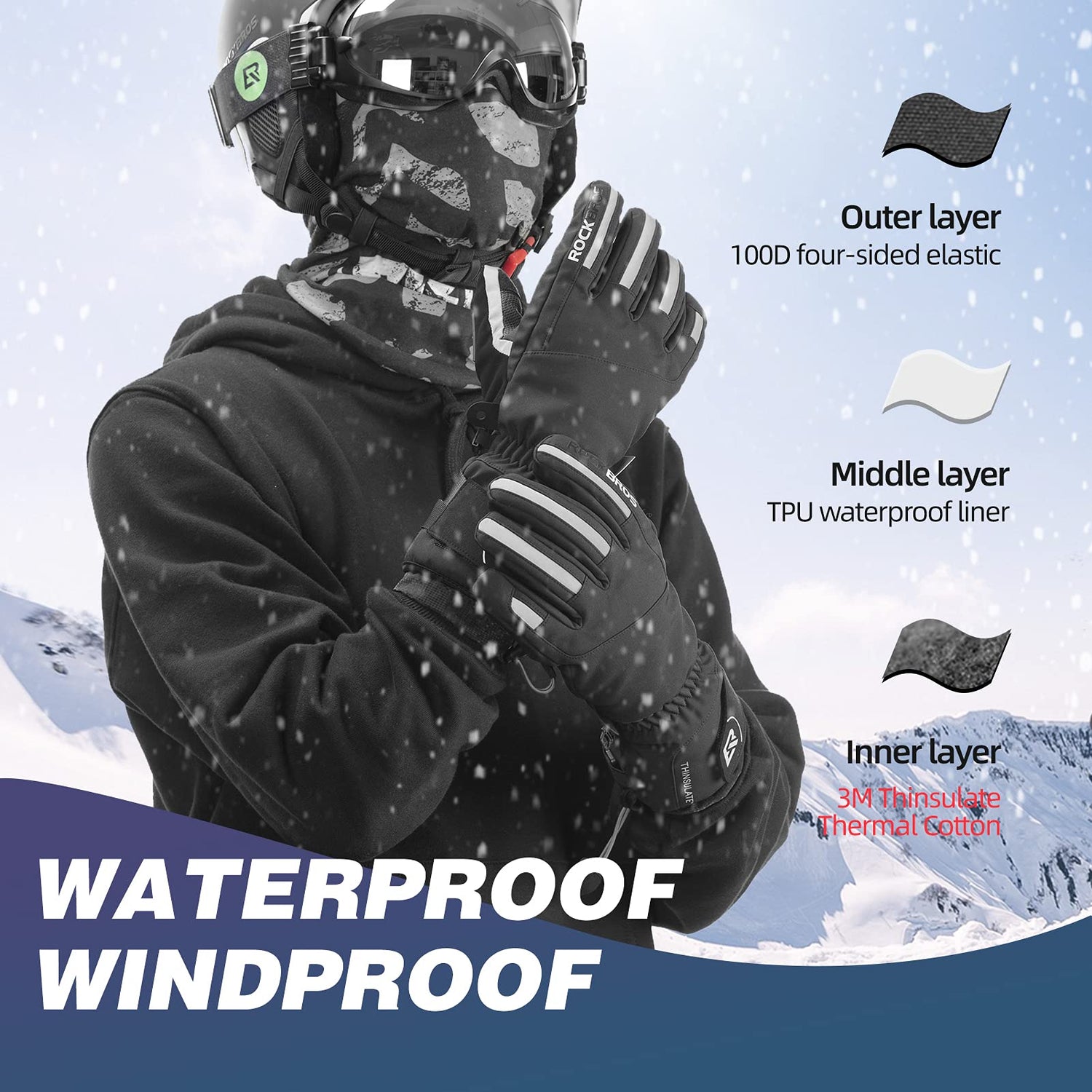 ROCKBROS Winter Ski Gloves Waterproof 3M Thinsulate Touch Screen Thermal Gloves for Men  Women