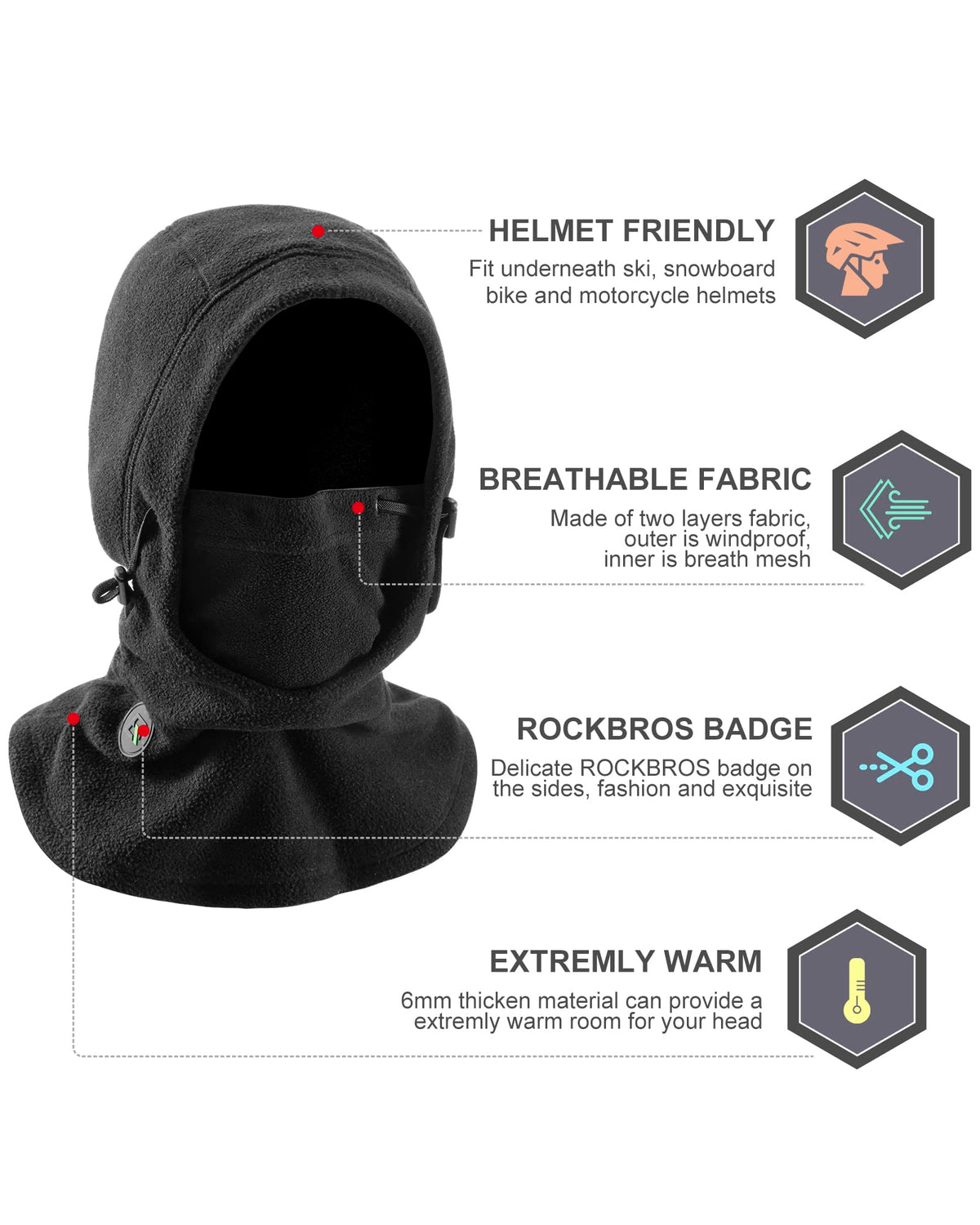Pasamontañas térmico de forro polar ROCKBROS para esquí, para invierno, para hombre y mujer 