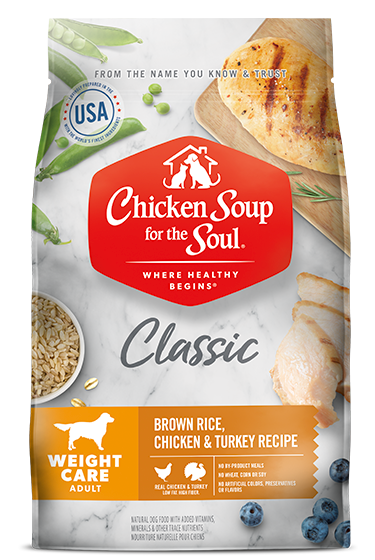 Alimento para perros adultos con sopa de pollo, arroz integral, pollo y pavo para el cuidado del peso.