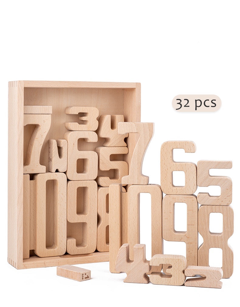 Juego de 32 bloques de construcción de números matemáticos de madera con bandeja 