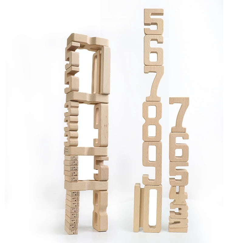 Juego de 32 bloques de construcción de números matemáticos de madera con bandeja 