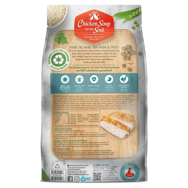 Alimento para perros adultos con sopa de pollo, arroz integral, pollo y pavo para el cuidado del peso.