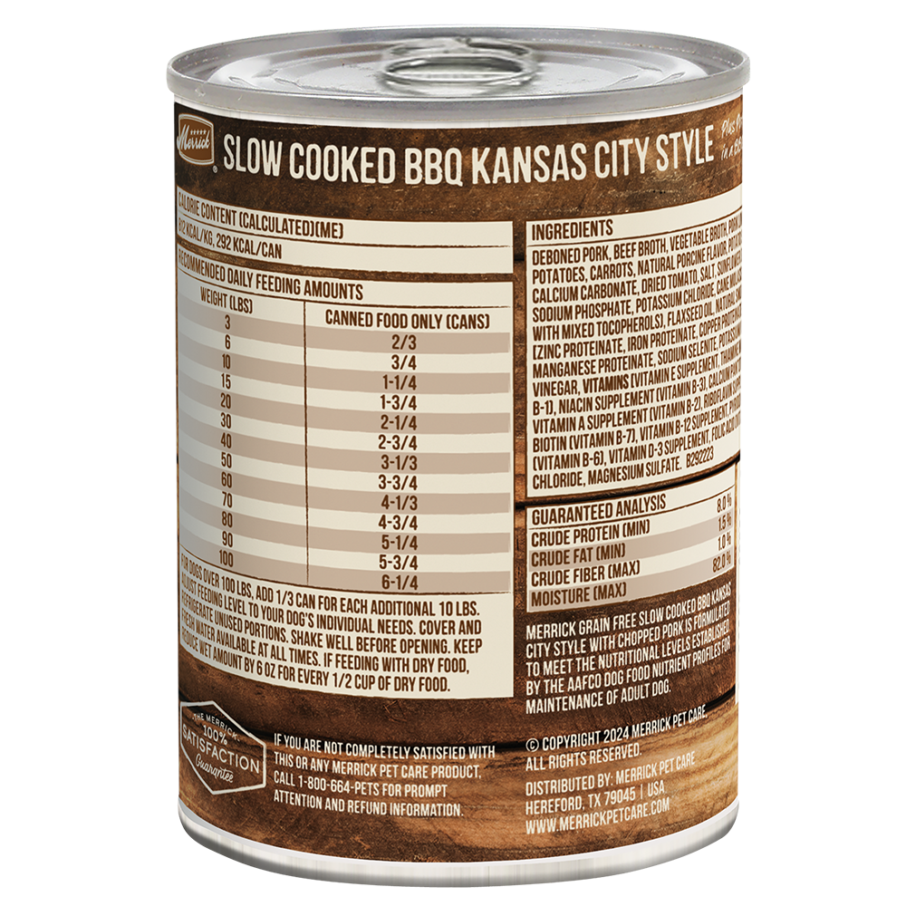 Merrick Cocina Lenta sin Granos BBQ Estilo Kansas City con Cerdo Troceado (12.7oz)