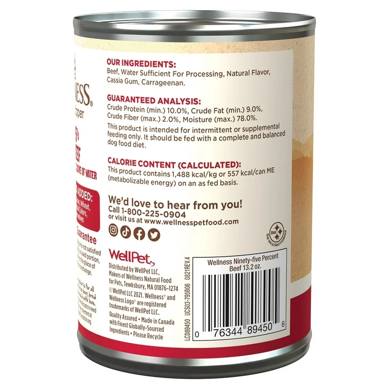 Alimento húmedo para perros adultos Wellness, 95% carne de res (13.2oz)