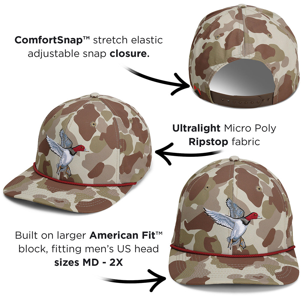 Gorra de pato pelirroja de 6 paneles con diseño de aves acuáticas