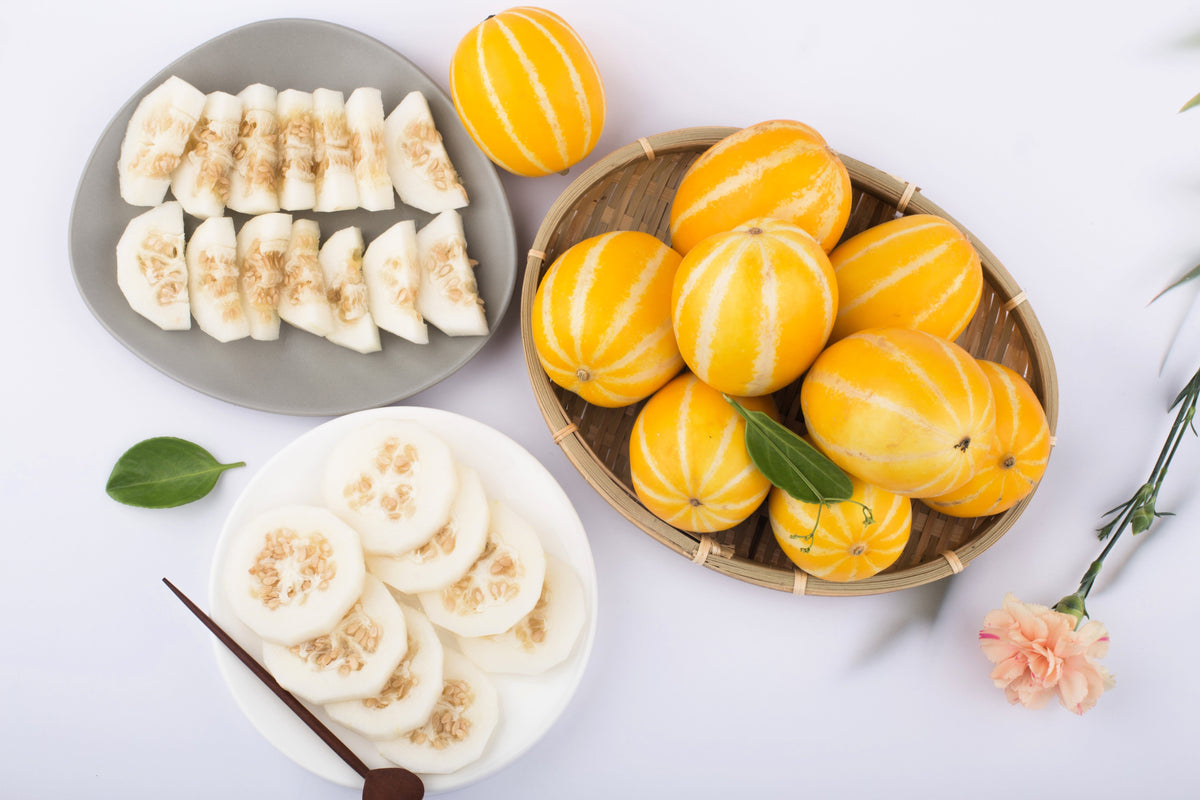 50 MELÓN DE LÍNEA PLATA TEMPRANA Cucumis Melo Piel con rayas amarillas Pulpa blanca Semillas de fruta coreana