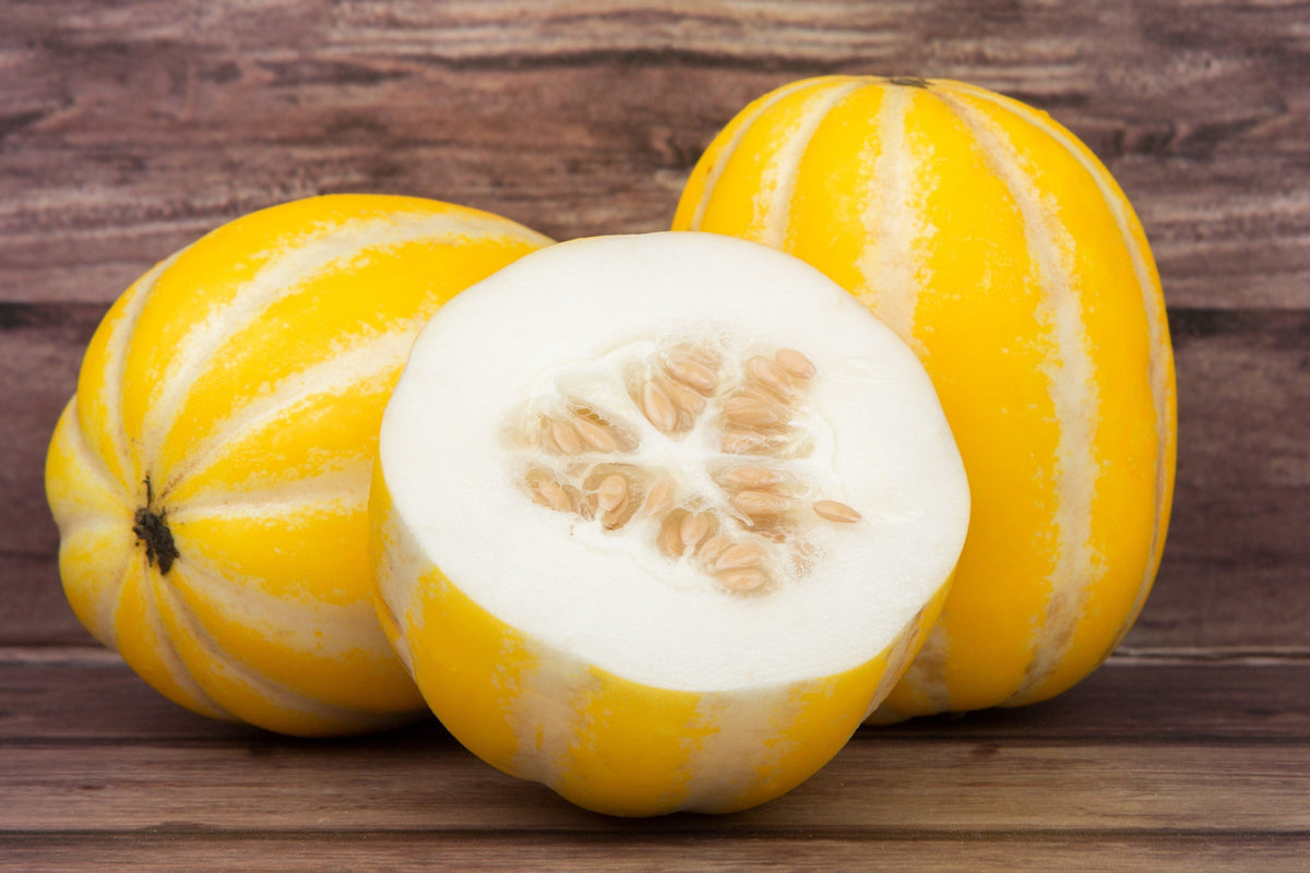 50 MELÓN DE LÍNEA PLATA TEMPRANA Cucumis Melo Piel con rayas amarillas Pulpa blanca Semillas de fruta coreana