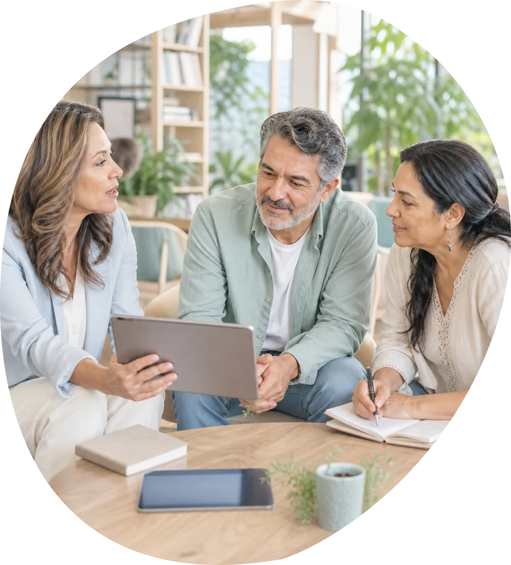 Hermanos de la comunidad conversando frente a una tablet